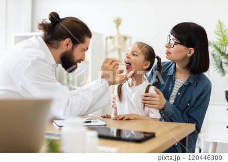 Caucasian doctor examines young girl's throat in medical office Caucasian doctor examines young girl's throat in medical office 120446309