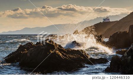 Seaside view with caravan camping on cliff 120446310