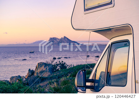 Caravan on spanish coast, Gibraltar rock on horizon Caravan on spanish coast, Gibraltar rock on horizon 120446427
