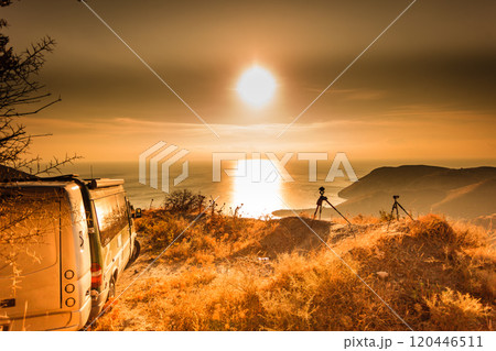 Camper car on nature at sunrise. Travel Camper car on nature at sunrise. Travel 120446511