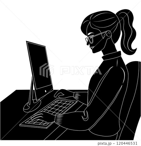 Vector illustration of black silhouette woman studying at computer. Monochrome clipart of woman programmer. 120446531
