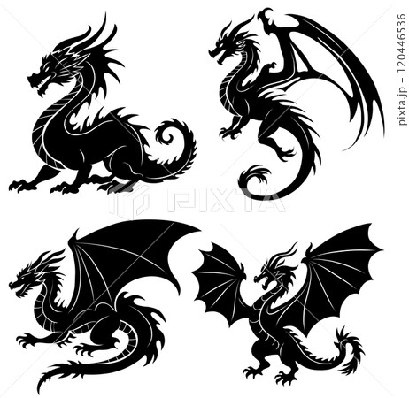 Vector set of various dragon silhouette clip arts. Collection of fairytale black silhouette dragons isolated from background. Vector set of various dragon silhouette clip arts. Collection of fairytale black silhouette dragons isolated from background. 120446536