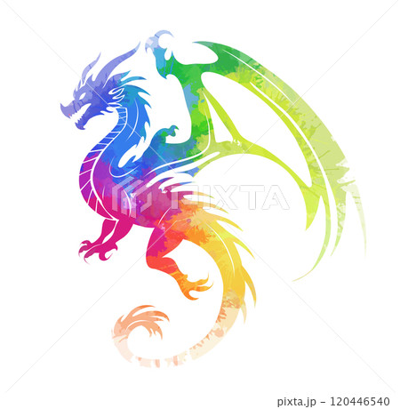 Vector illustration of rainbow watercolor dragon silhouette on a white background. Silhouette of a mythological creature Vector illustration of rainbow watercolor dragon silhouette on a white background. Silhouette of a mythological creature 120446540