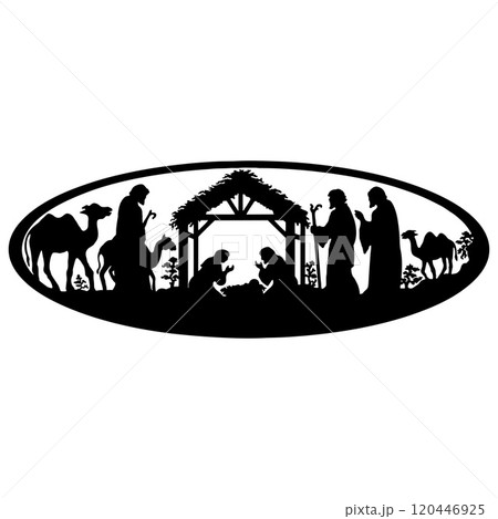 Holy Night silhouette - Nativity scene of baby Jesus silhouette in a manger with Mary and Joseph with the three wise men. Christian Christmas silhouette of animals. Illustration for children. Holy Night silhouette - Nativity scene of baby Jesus silhouette in a manger with Mary and Joseph with the three wise men. Christian Christmas silhouette of animals. Illustration for children. 120446925