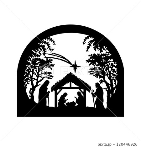 Holy Night silhouette - Nativity scene of baby Jesus silhouette in a manger with Mary and Joseph with the three wise men. Christian Christmas silhouette of animals. Illustration for children. Holy Night silhouette - Nativity scene of baby Jesus silhouette in a manger with Mary and Joseph with the three wise men. Christian Christmas silhouette of animals. Illustration for children. 120446926