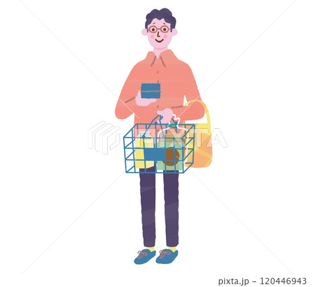 お買い物でレジに並ぶ男性客 120446943
