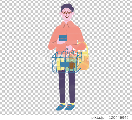お買い物でレジに並ぶ男性客 120446943