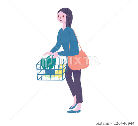 お買い物でレジに並ぶ若い女性客 120446944