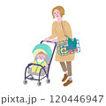 お買い物でレジに並ぶベビーカーに赤ちゃんを乗せたママ 120446947