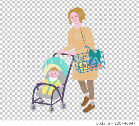 お買い物でレジに並ぶベビーカーに赤ちゃんを乗せたママ お買い物でレジに並ぶベビーカーに赤ちゃんを乗せたママ 120446947