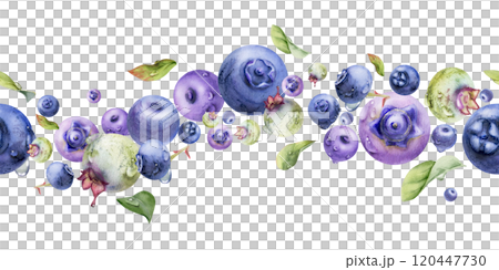 Blueberry blackberry, group of flying ripe forest berry with drops and green leaves hand drawn in watercolor. Seamless banner garland illustration, for restaurant, cafe menu, wedding, farmers market 120447730