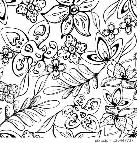 Floral lace embroidery exotic orchid rose traditional flowers and leaves. Hand drawn ink vector illustration, folk ethnic stylized. Seamless pattern isolated on white. Design scrapbooking, wallpaper. Floral lace embroidery exotic orchid rose traditional flowers and leaves. Hand drawn ink vector illustration, folk ethnic stylized. Seamless pattern isolated on white. Design scrapbooking, wallpaper. 120447737