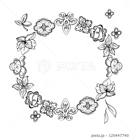 Floral lace embroidery exotic orchid rose traditional flowers and leaves, folk ethnic stylized. Hand drawn ink vector illustration. Wreath frame isolated on white. Design travel, vacation brochure Floral lace embroidery exotic orchid rose traditional flowers and leaves, folk ethnic stylized. Hand drawn ink vector illustration. Wreath frame isolated on white. Design travel, vacation brochure 120447740