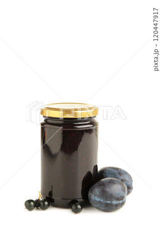 Plum jam and fresh plums isolated on white background 120447917