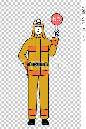 不正解を示すノーの棒を持つ防火服姿の消防士 不正解を示すノーの棒を持つ防火服姿の消防士 120448084