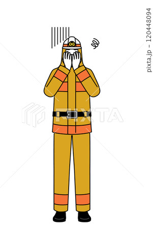 落ち込んで顔を覆う防火服姿の消防士 120448094