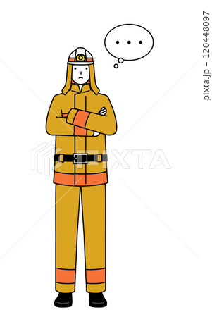 腕を組んで考える防火服姿の消防士 腕を組んで考える防火服姿の消防士 120448097