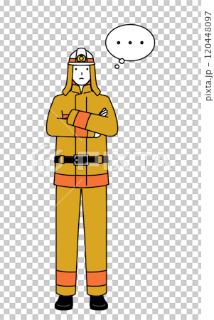 腕を組んで考える防火服姿の消防士 腕を組んで考える防火服姿の消防士 120448097