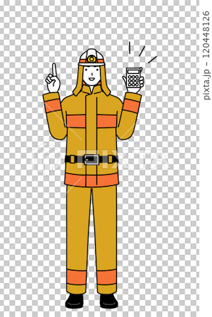 電卓を持って指さす防火服姿の消防士 120448126