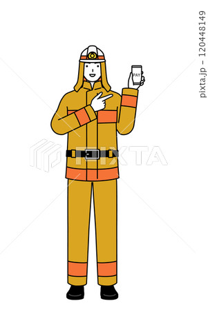 スマホのキャッシュレス・オンライン決済を勧める防火服姿の消防士 120448149