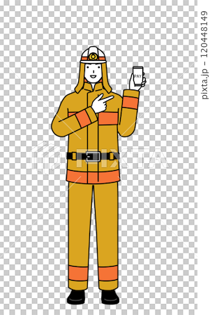 スマホのキャッシュレス・オンライン決済を勧める防火服姿の消防士 120448149