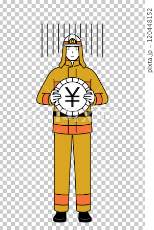 為替差損や円安のイメージ、防火服姿の消防士 120448152