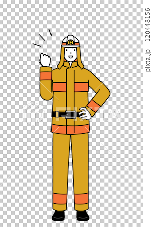 A firefighter in a fire suit making a fist pump 120448156