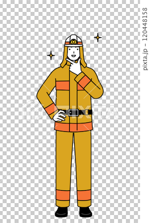 A firefighter in a fire suit poses confidently A firefighter in a fire suit poses confidently 120448158