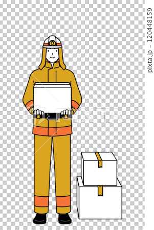 段ボールを運ぶ作業をする防火服姿の消防士 120448159