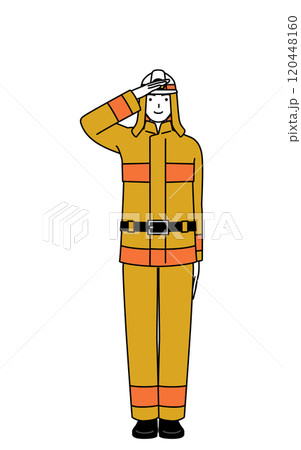 最敬礼する防火服姿の消防士 最敬礼する防火服姿の消防士 120448160