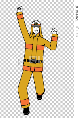 身穿消防服的消防員高興得跳了起來。 身穿消防服的消防員高興得跳了起來。 120448161