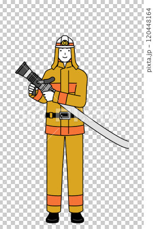 拿著有槍型噴嘴的消防水帶的消防服的消防員 120448164