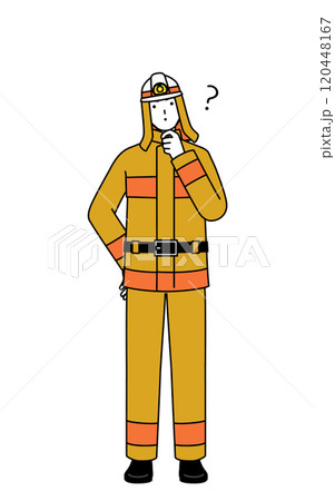疑問を持って首をかしげる防火服姿の消防士 疑問を持って首をかしげる防火服姿の消防士 120448167