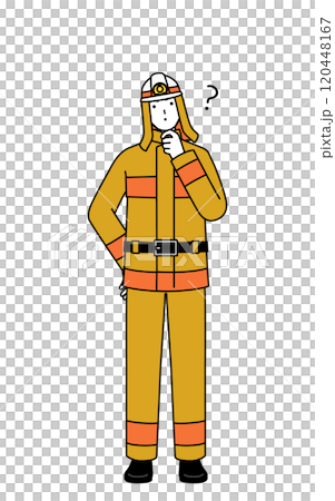 疑問を持って首をかしげる防火服姿の消防士 疑問を持って首をかしげる防火服姿の消防士 120448167