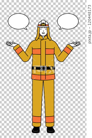 穿著消防服的消防員用語音泡棉進行比較 120448173