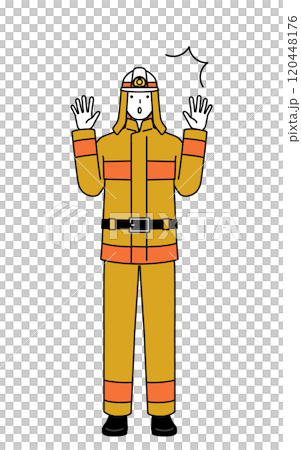驚いて手を上げる防火服姿の消防士 120448176