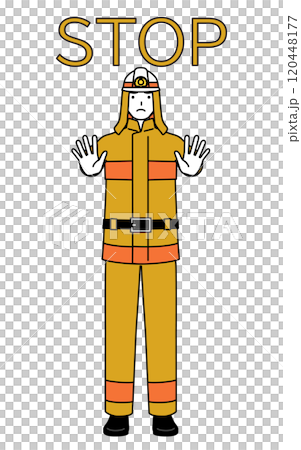 一名身穿消防服的消防員將手伸出身體前方示意停止。 120448177