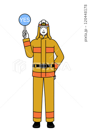 正解を示すイエスの棒を持つ防火服姿の消防士 120448178
