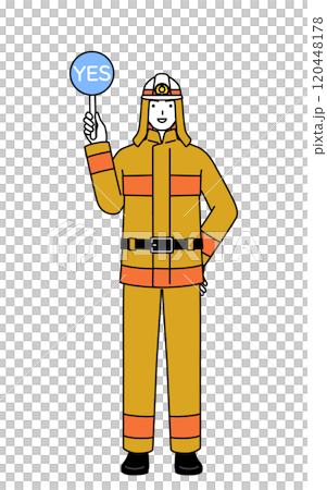 正解を示すイエスの棒を持つ防火服姿の消防士 120448178