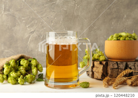 Glass of fresh beer with green hops and wheat on a grey background 120448210