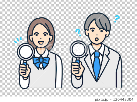 疑問を持つ男の子。何か閃いた女の子。虫眼鏡を持つ学生のベクターイラストセット。 120448304