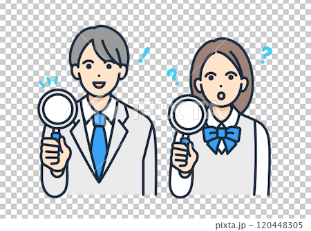 一個男人和一個女人看著放大鏡。一個進行分析的女孩和一個發現某些東西的學生的插圖集。 一個男人和一個女人看著放大鏡。一個進行分析的女孩和一個發現某些東西的學生的插圖集。 120448305
