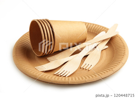 Eco - friendly plate with fork and glasses isolated on white background. Disposable tableware Eco - friendly plate with fork and glasses isolated on white background. Disposable tableware 120448715