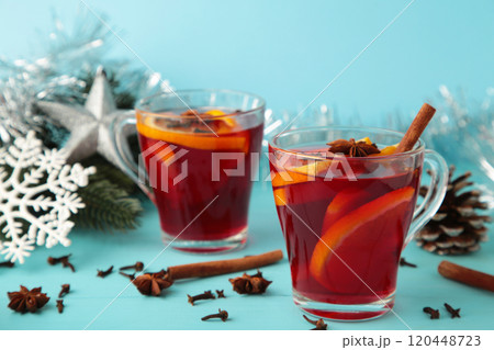 Mulled wine with cinnamon and anise stars on blue background. Thanksgiving Day 120448723