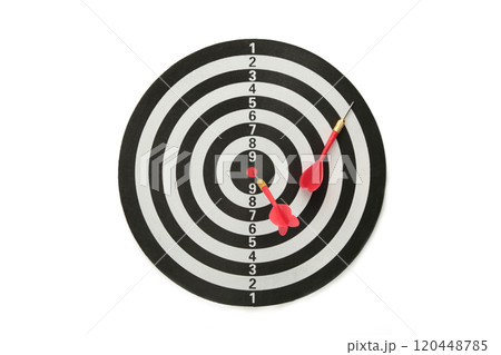 Dart board with red darts isolated on white background. 120448785