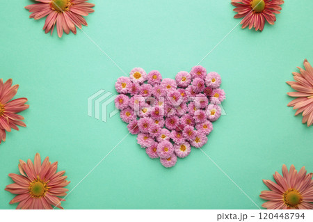 Heart with flowers on mint background. Top view 120448794