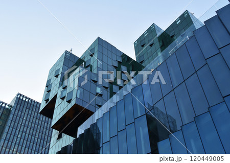 Colorful glass skyscrapers, building facades, minimalistic cityscape, modern architecture 120449005
