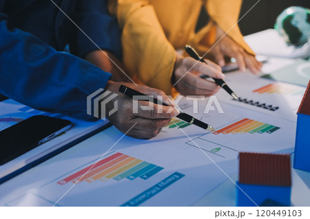 ESG environmental social governance display on laptop on eco-friendly company meeting with business people implementing environmental protection for clean and sustainable future ecology. Trailblazing ESG environmental social governance display on laptop on eco-friendly company meeting with business people implementing environmental protection for clean and sustainable future ecology. Trailblazing 120449103