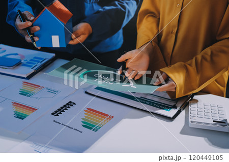 ESG environmental social governance display on laptop on eco-friendly company meeting with business people implementing environmental protection for clean and sustainable future ecology. Trailblazing 120449105