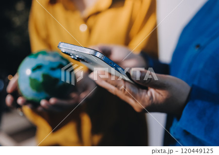 ESG environmental social governance display on laptop on eco-friendly company meeting with business people implementing environmental protection for clean and sustainable future ecology. Trailblazing 120449125